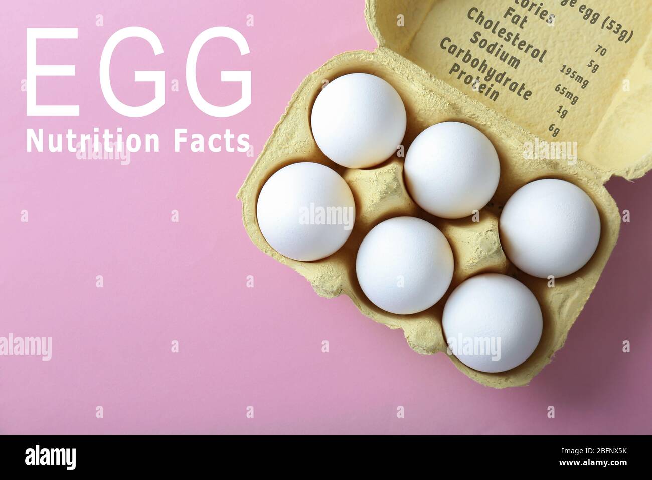 Raw eggs in package and list of nutrition facts on color background