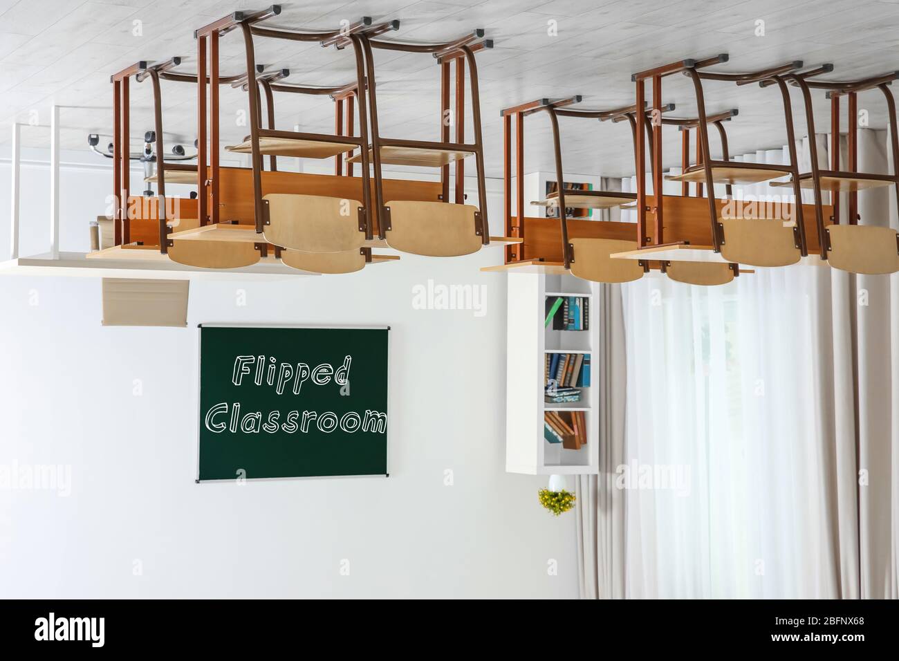 Flipped classroom concept. Inversed interior of school room Stock Photo