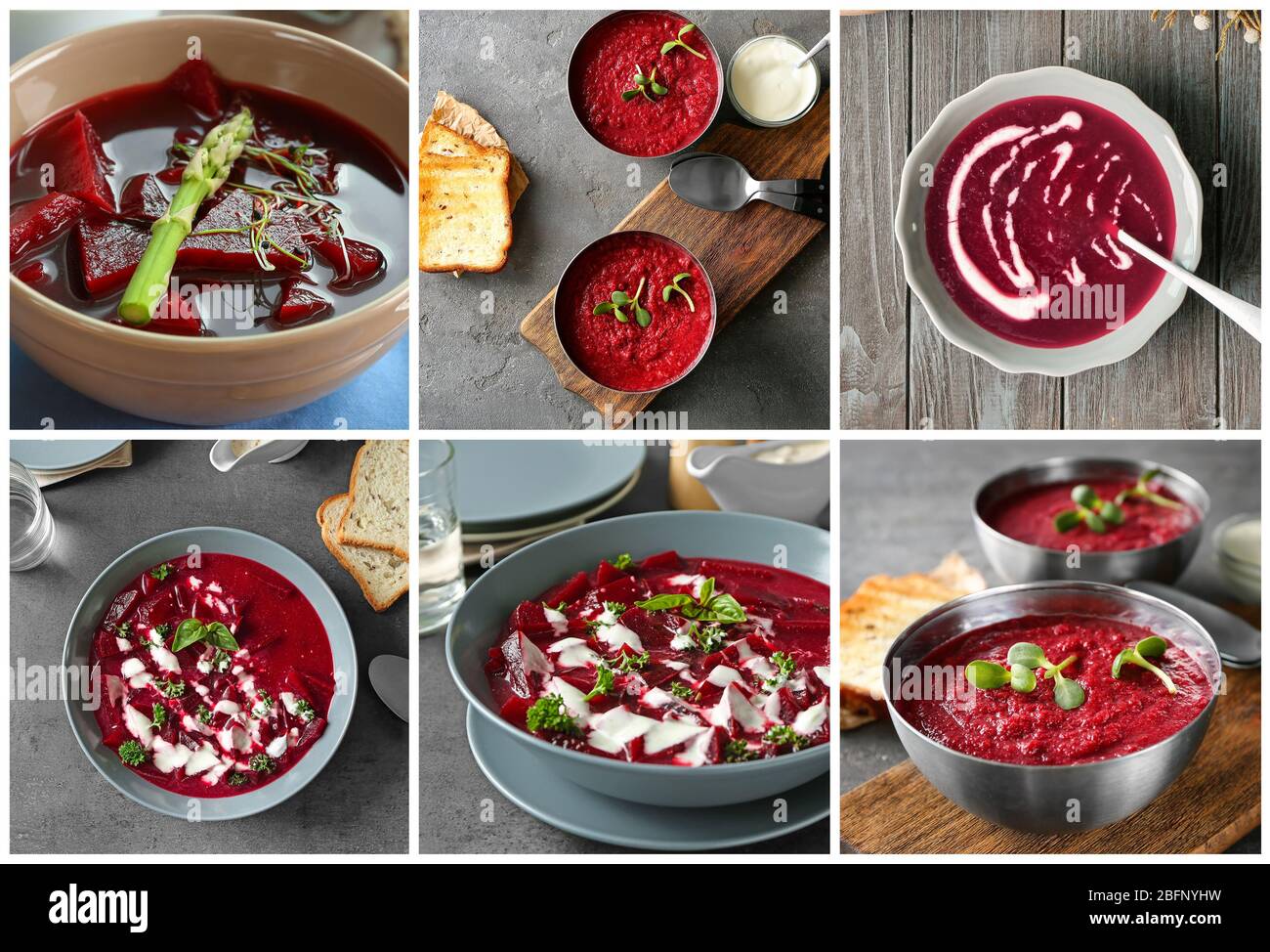 Set with different delicious beet soups. Cooking recipes Stock Photo