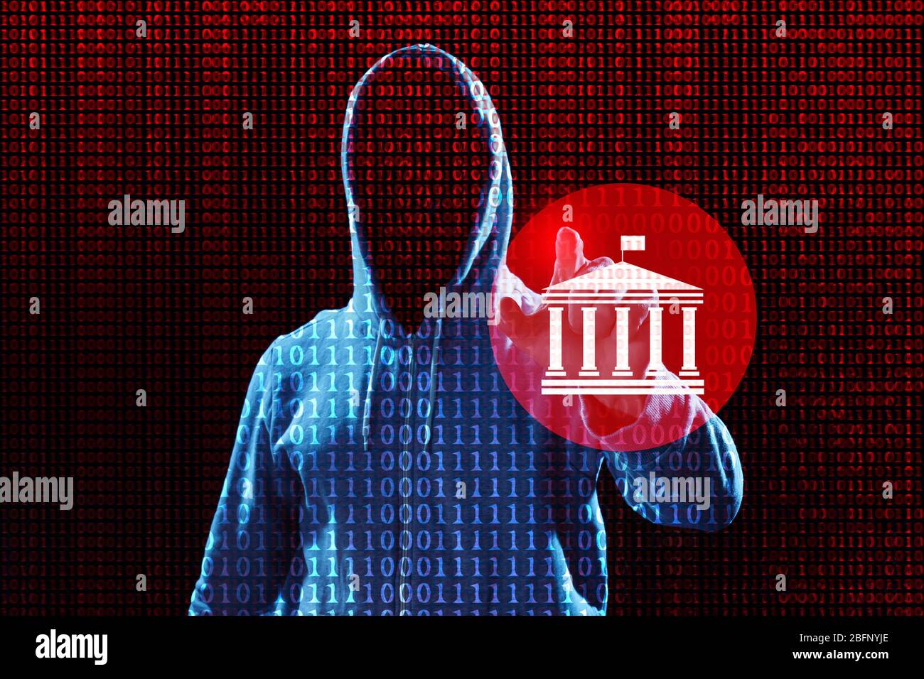 Hacker working with virtual screen against dark background. Threat of cyber attack Stock Photo
