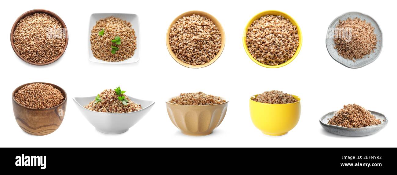 Buchaware Rice Set with buckwheat in different dishware on white background Stock ...