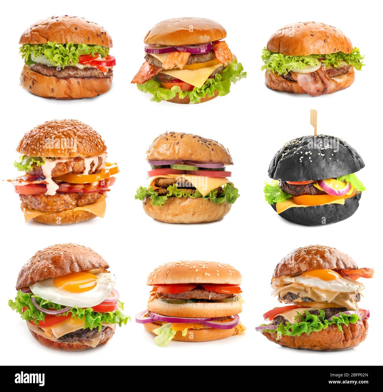 Set of different delicious burgers on white background Stock Photo Alamy