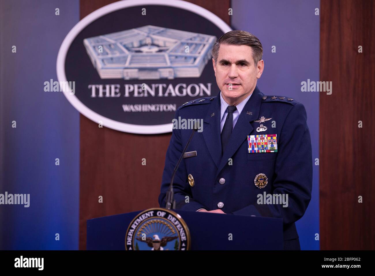 U.S. Air Force Lt. Gen. B.J. Shwedo, Director for Command, Control, Communications, and Computers, Cyber, and Chief Information Officer, Joint Staff, briefs reporters on the COVID-19 pandemic at the Pentagon April 13, 2020 in Arlington, Virginia. Stock Photo
