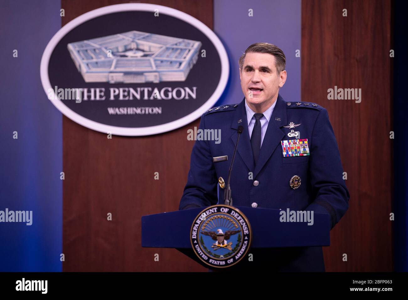 U.S. Air Force Lt. Gen. B.J. Shwedo, Director for Command, Control, Communications, and Computers, Cyber, and Chief Information Officer, Joint Staff, briefs reporters on the COVID-19 pandemic at the Pentagon April 13, 2020 in Arlington, Virginia. Stock Photo