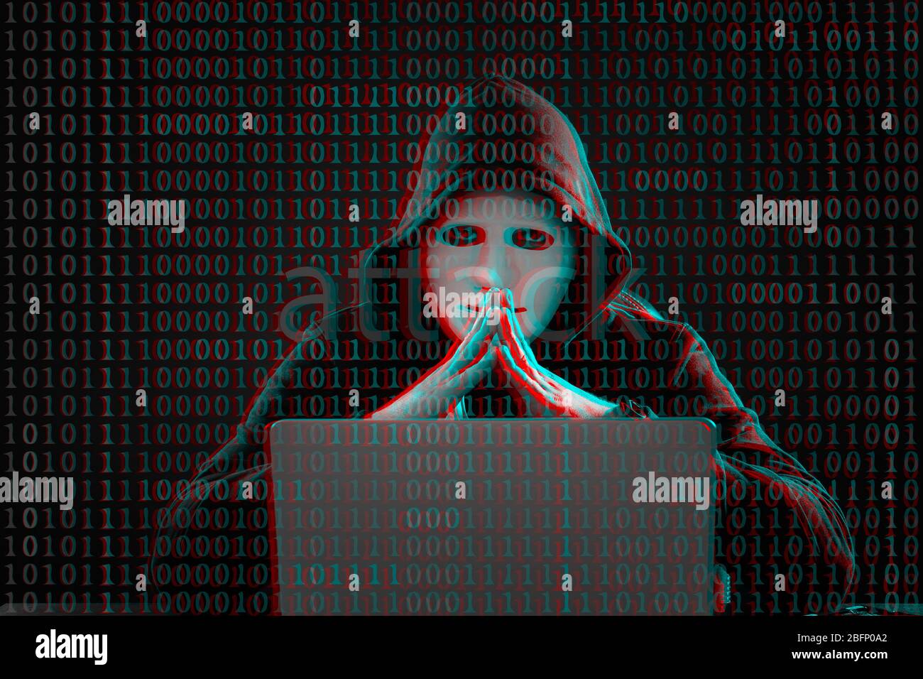 Hacker with mask, laptop and binary code on dark background Stock Photo ...