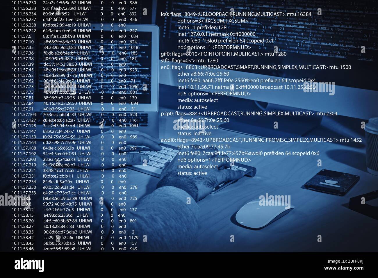 Hacker working with computer at table. Concept of cyber attack Stock Photo