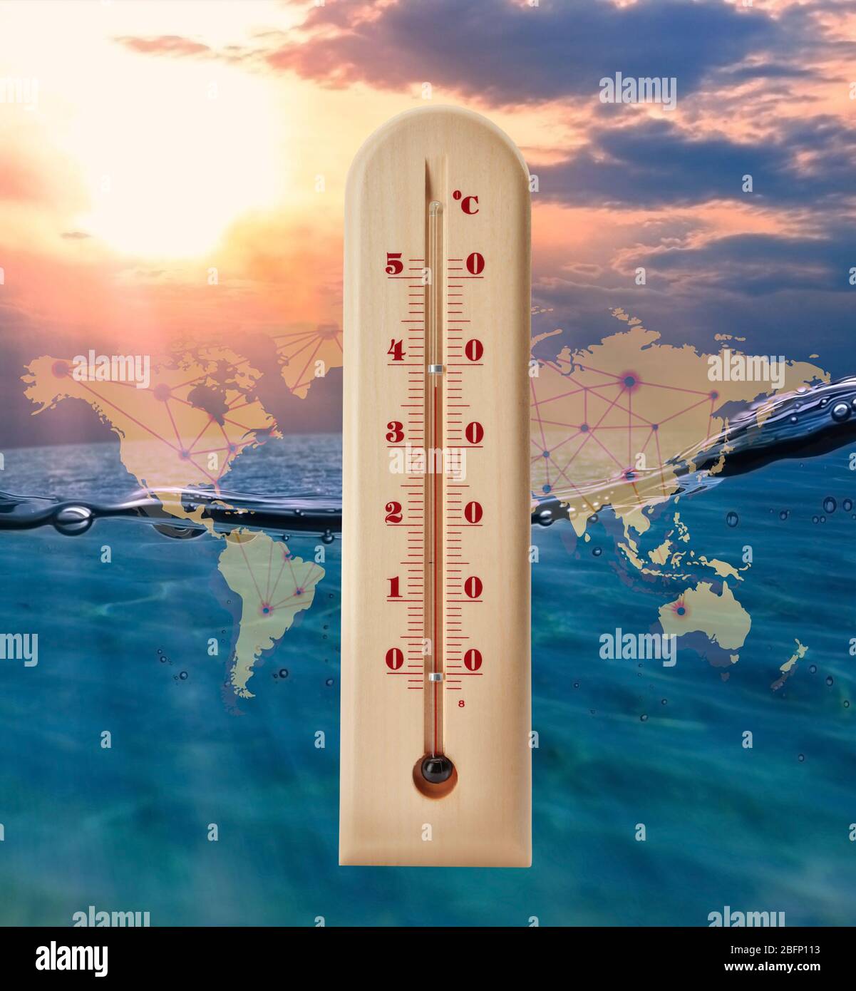 World map with thermometer showing high temperature and seascape