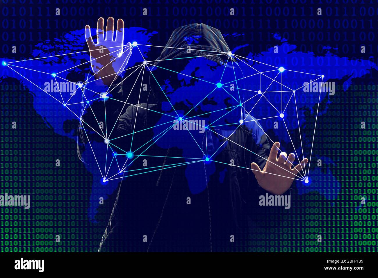 Hacker working with world map on - Hacker Working With World Map On Virtual Screen Against Dark Background Threat Of Global Cyber Attack 2BFP139
