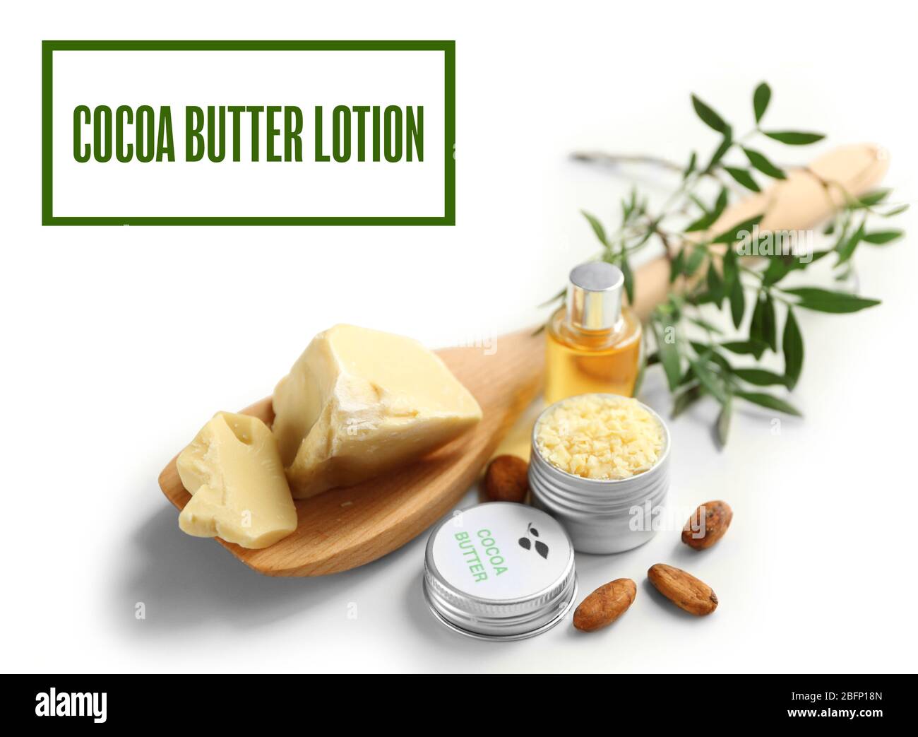 Composition with cocoa butter lotion on white background Stock Photo