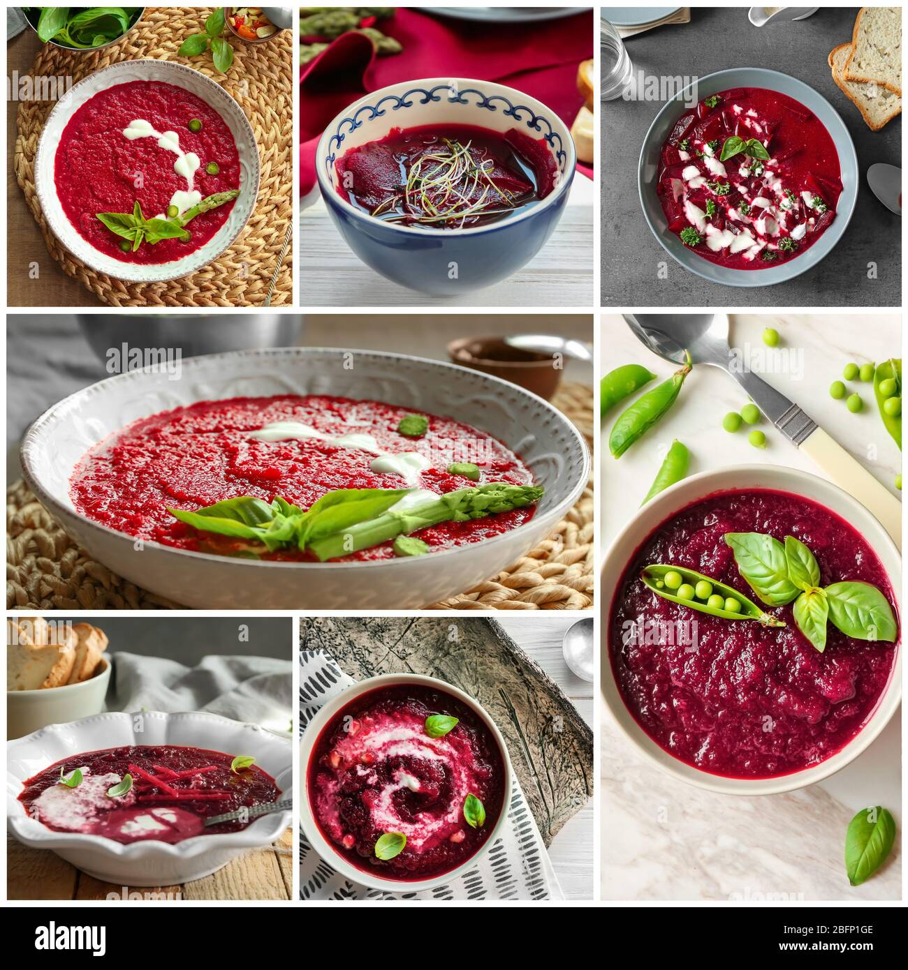 Set with different delicious beet soups. Cooking recipes Stock Photo