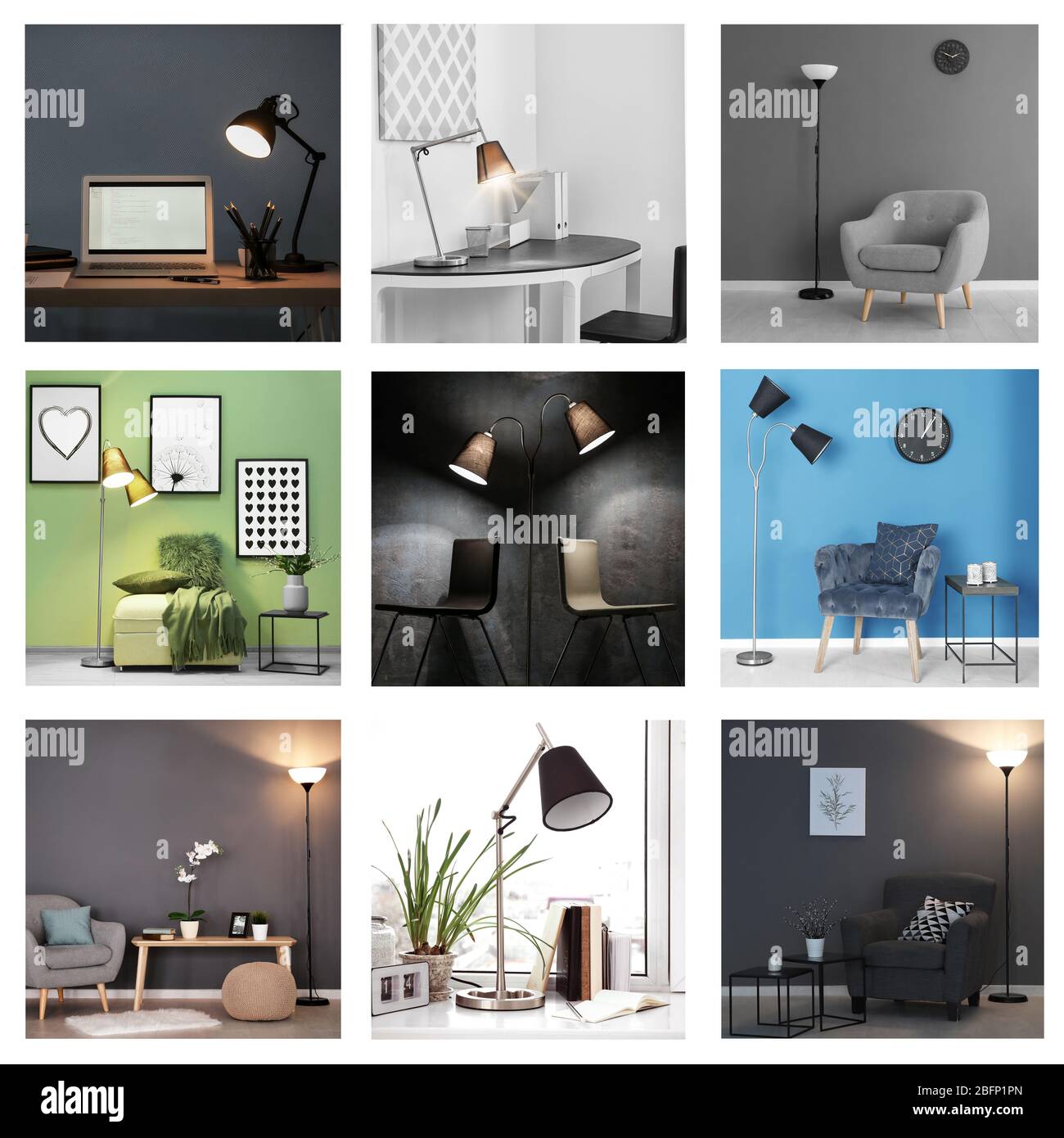 Collection of different room interiors with modern furniture and lamps Stock Photo