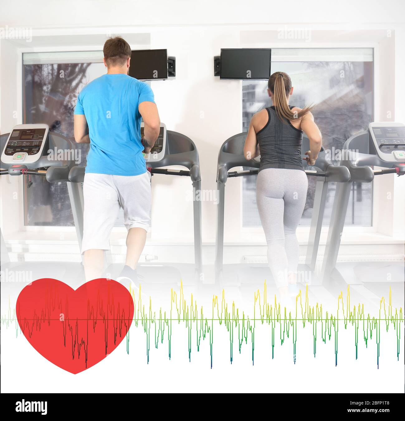 Young people running on treadmills in gym. Cardio training concept