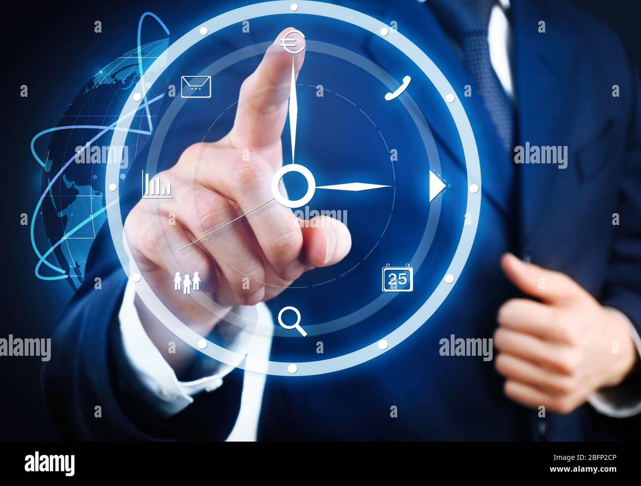 Businessman hand pushing time icon on virtual screen Stock Photo - Alamy