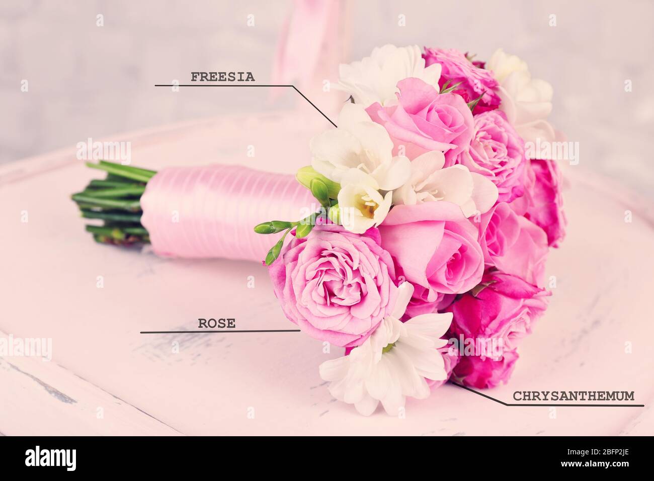 Beautiful Wedding Bouquet With Flowers Names On Wooden Chair Stock Photo Alamy