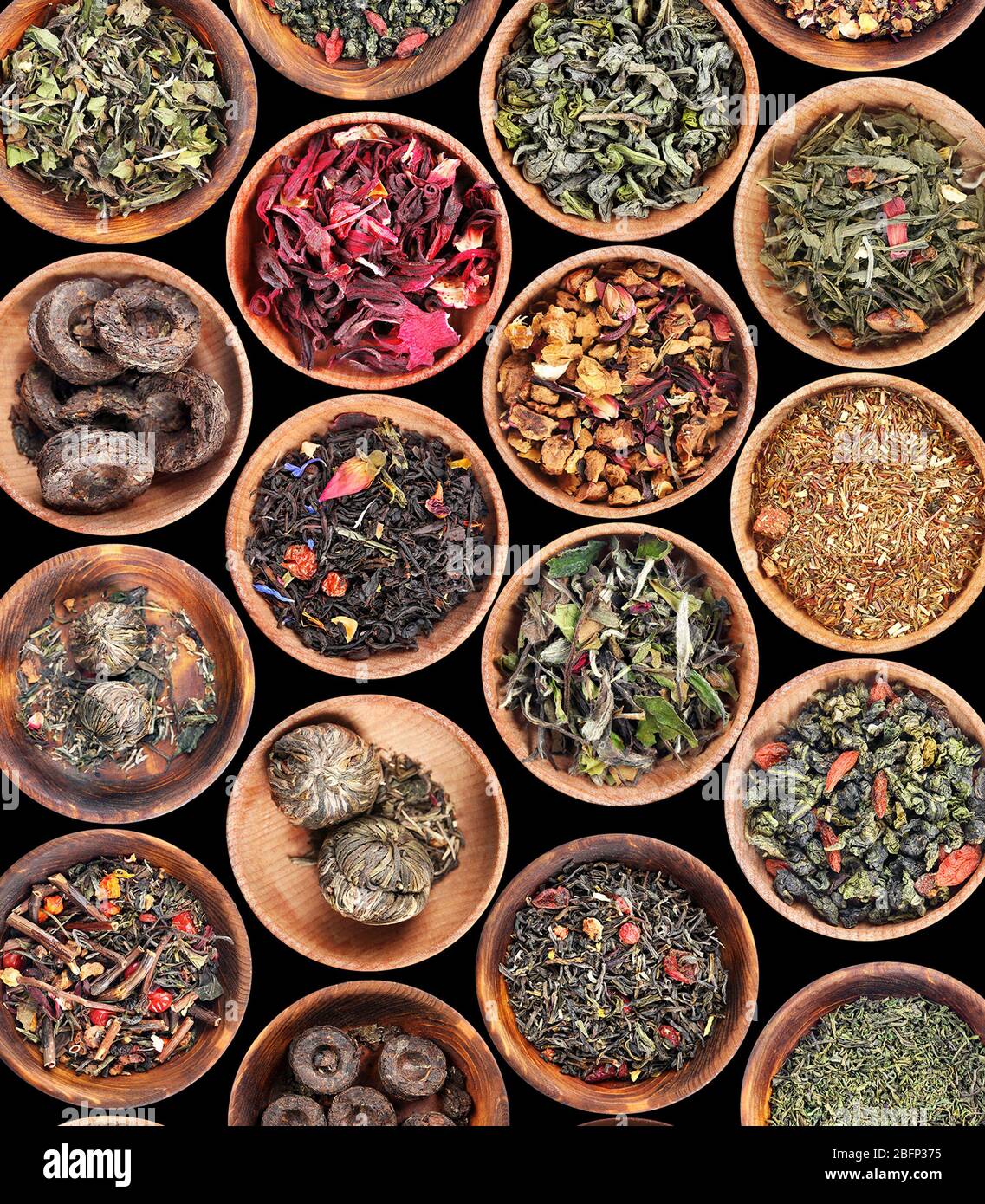 Set of different tea in saucer on black background Stock Photo Alamy