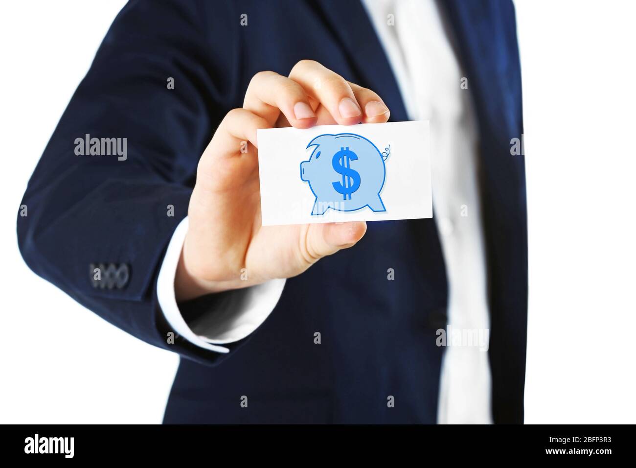 Elegant man in suit holding business card with picture of piggy bank ...