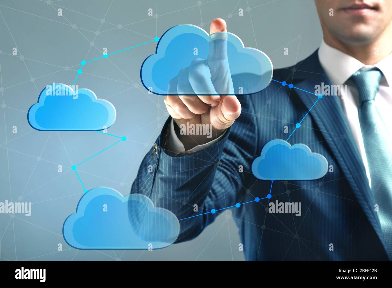 Hand pushing on virtual cloud. Cloud storage concept Stock Photo