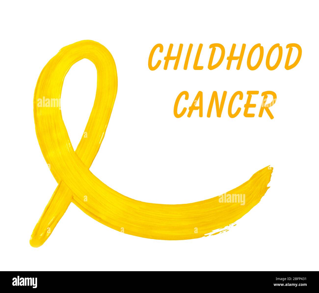 Painted yellow awareness ribbon and text Childhood Cancer isolated on white Stock Photo