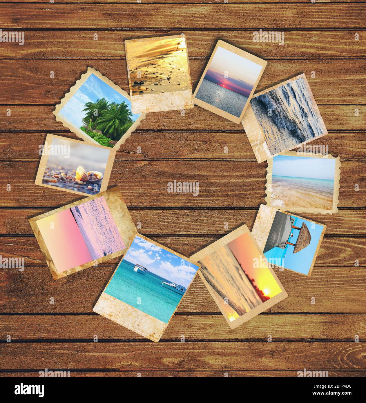 Different photos of nature pictures on wooden background Stock Photo