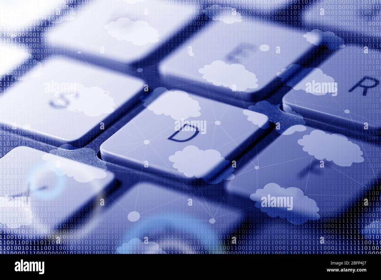 Computer keyboard with cloud data storage and multimedia icons Stock Photo