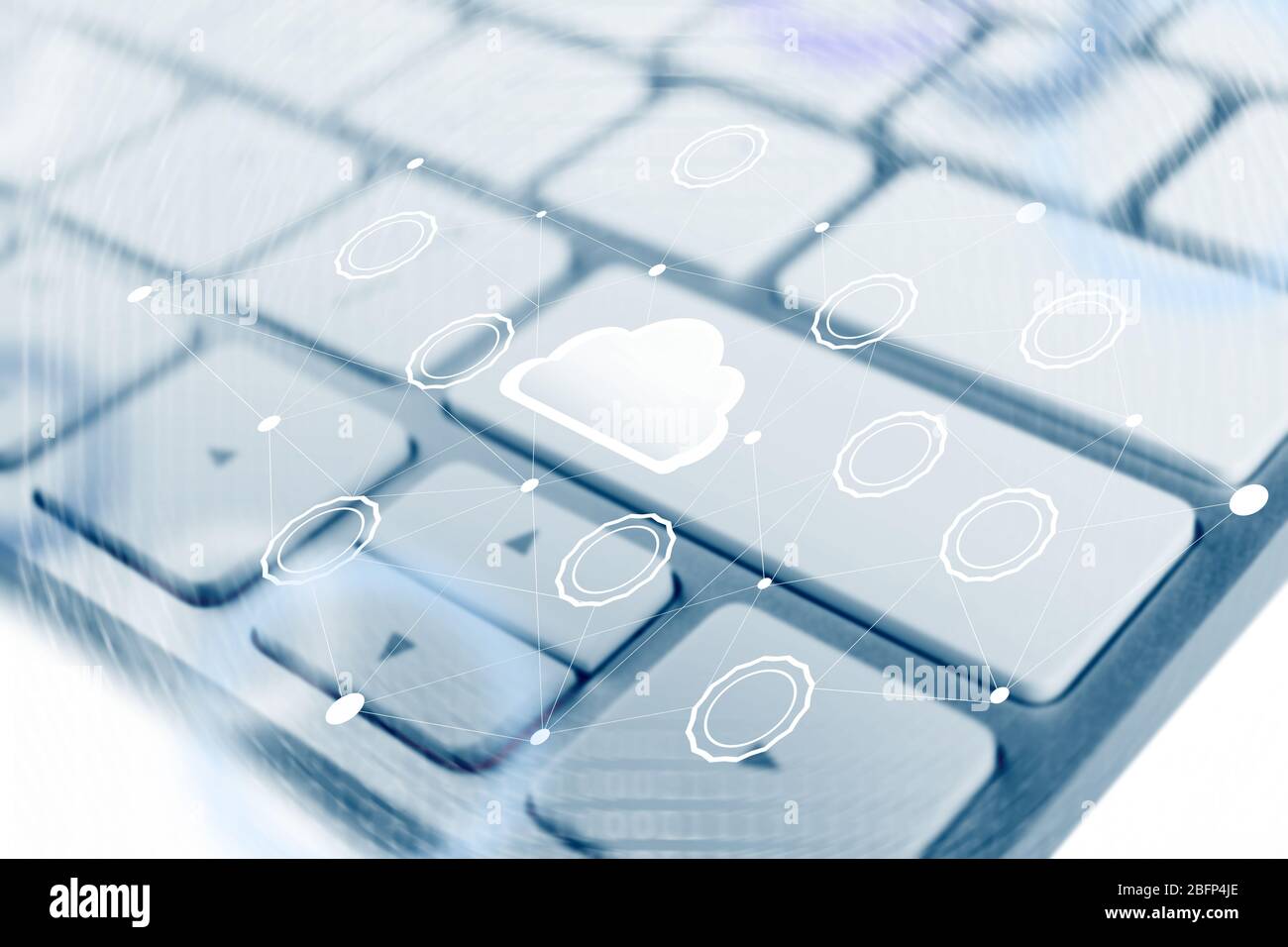 Computer keyboard with cloud data storage and multimedia icons Stock Photo