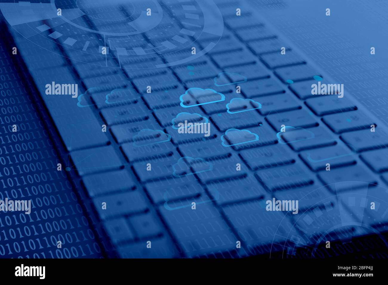 Computer keyboard with cloud data storage and multimedia icons Stock Photo