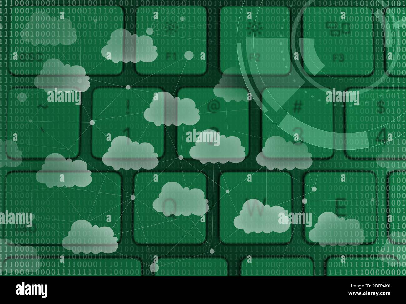 Computer keyboard with cloud data storage and multimedia icons Stock Photo