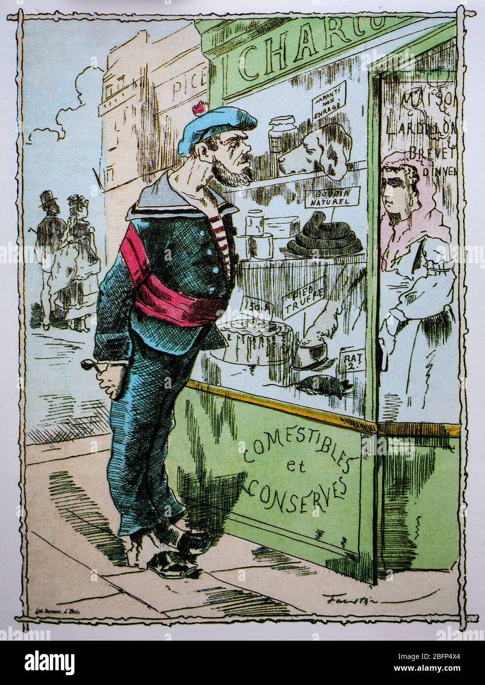 A French sailor examines the strange variety of meat available in a butcher's shop window during the Paris Siege.  After defeat at the Battle of the Sedan, where French emperor Napoleon III surrendered, the new French Third Republic was not ready to accept German peace terms. In order to end the Franco-Prussian War, the Germans besieged Paris beginning on 19 September 1870. Stock Photo