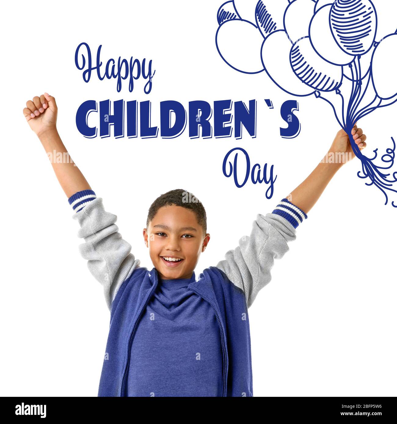 Cute afro american teenager and text happy children's day on white ...