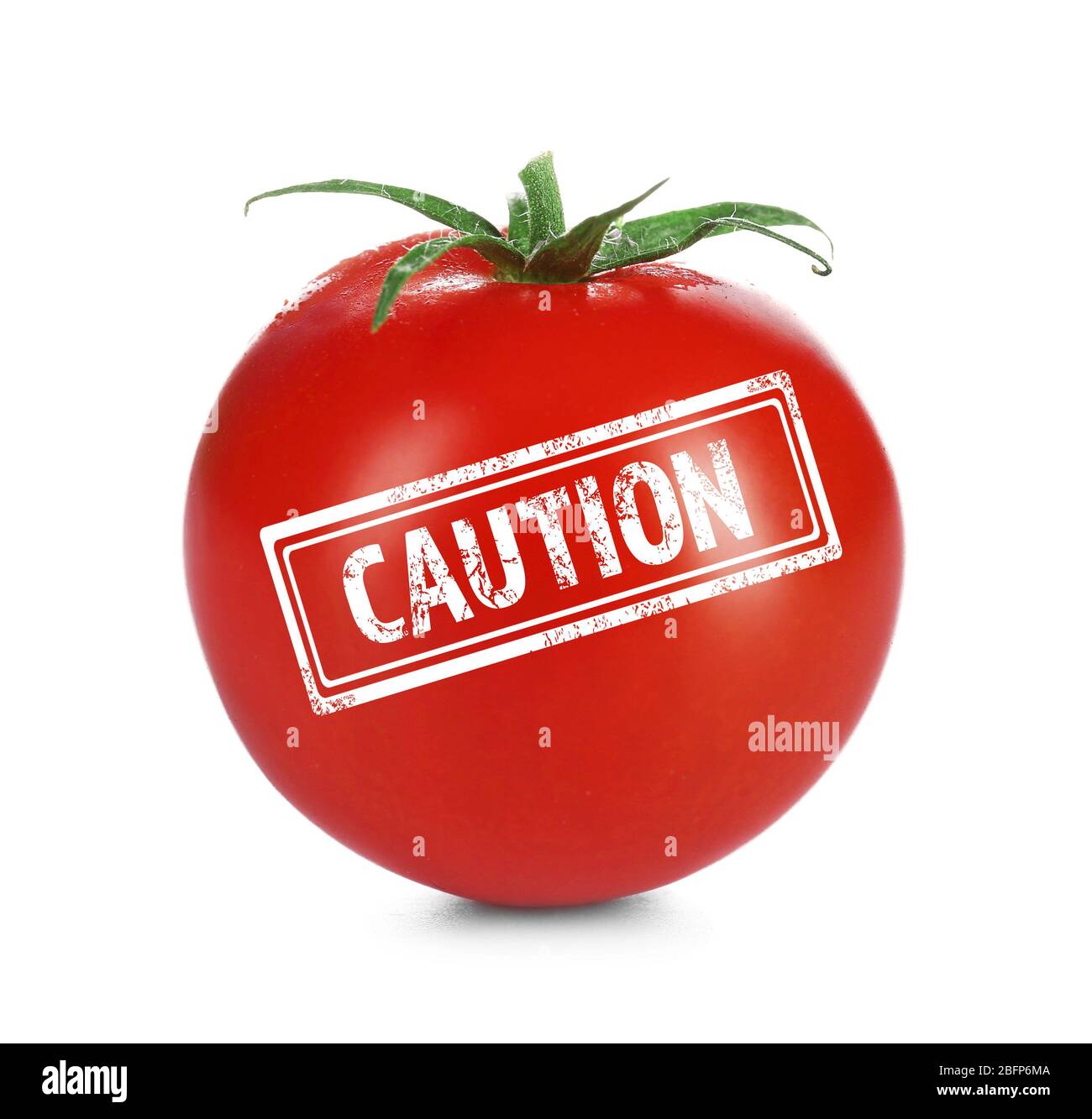 Allergy danger concept. Cherry tomato with stamp caution on white