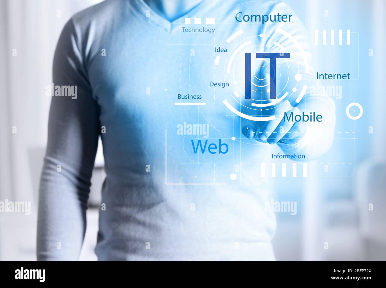 Male hand pushing button on virtual screen. IT technologies concept. Stock Photo