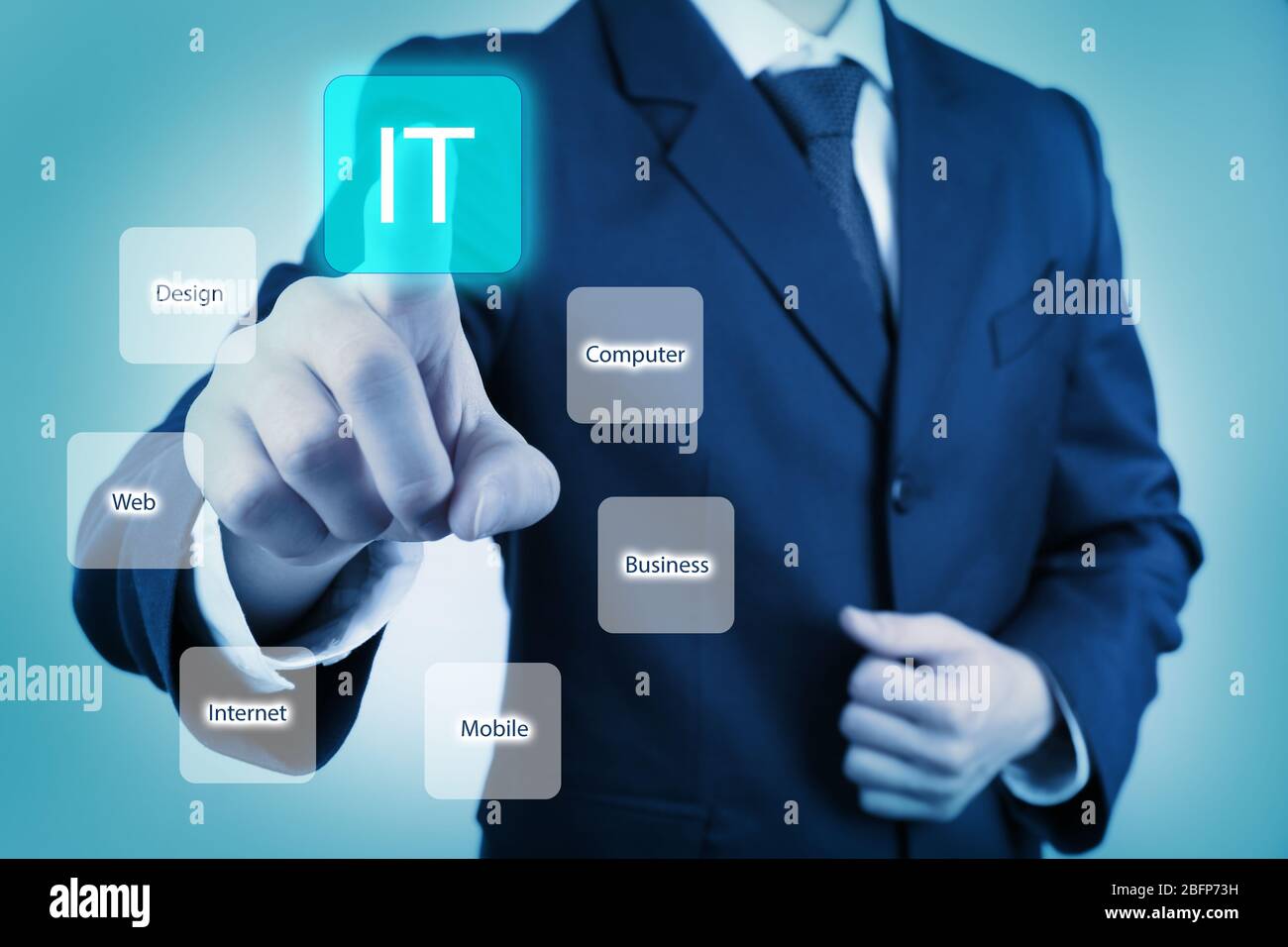 Businessman in suit pushing button on virtual screen. IT technologies concept. Stock Photo