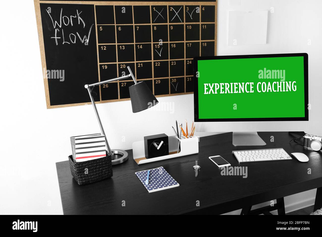 Comfortable workplace with modern computer. Experience coaching concept ...