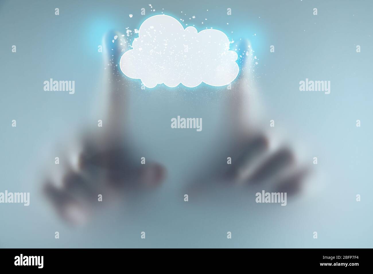 Hand pushing button on virtual screen Stock Photo
