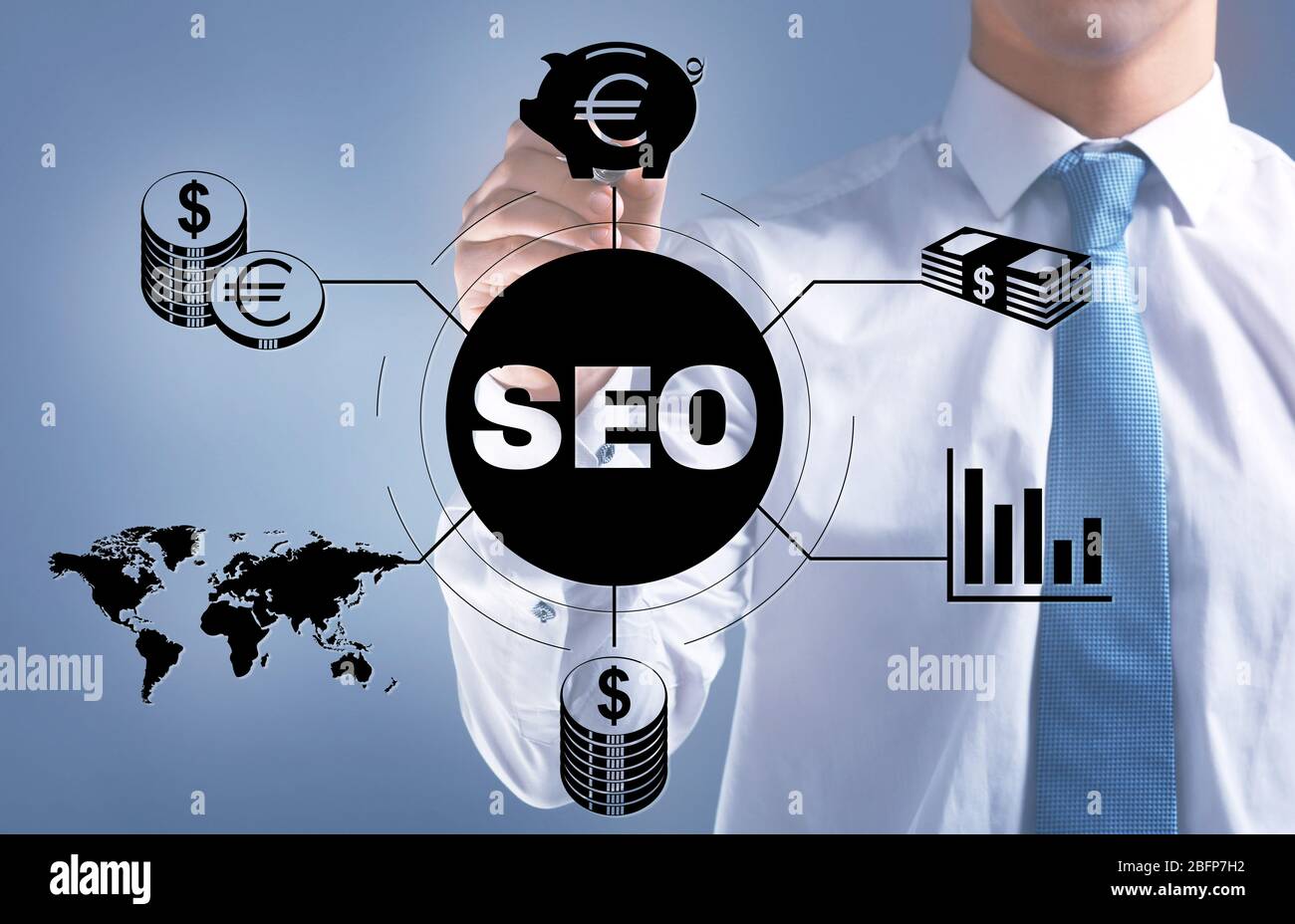 Businessman push button on virtual screen. SEO technology Stock Photo