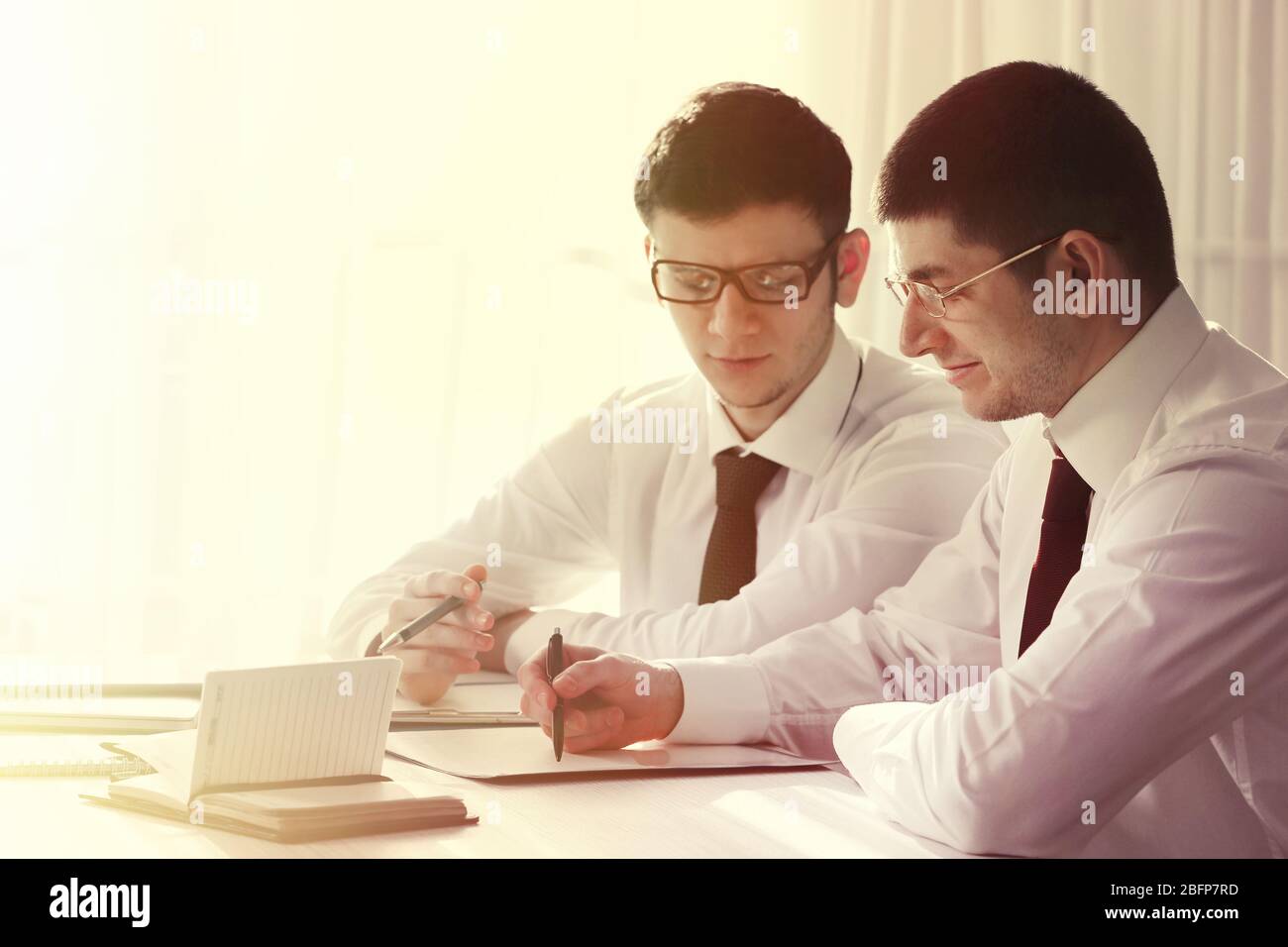 Two handsome lawyers working in office Stock Photo