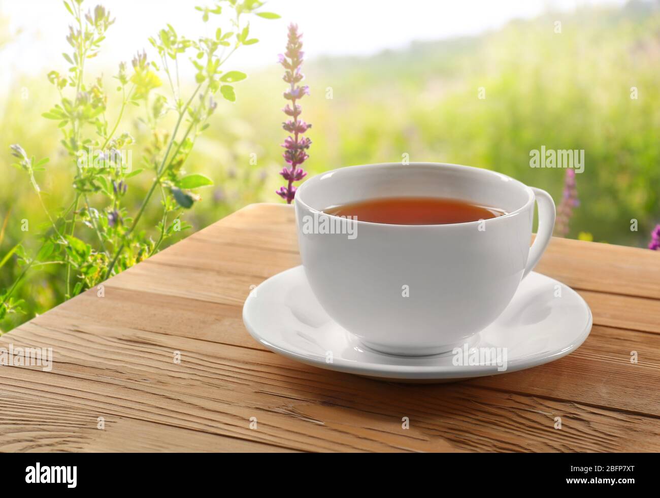 Cup of tea on wooden table and blurred nature background Stock Photo