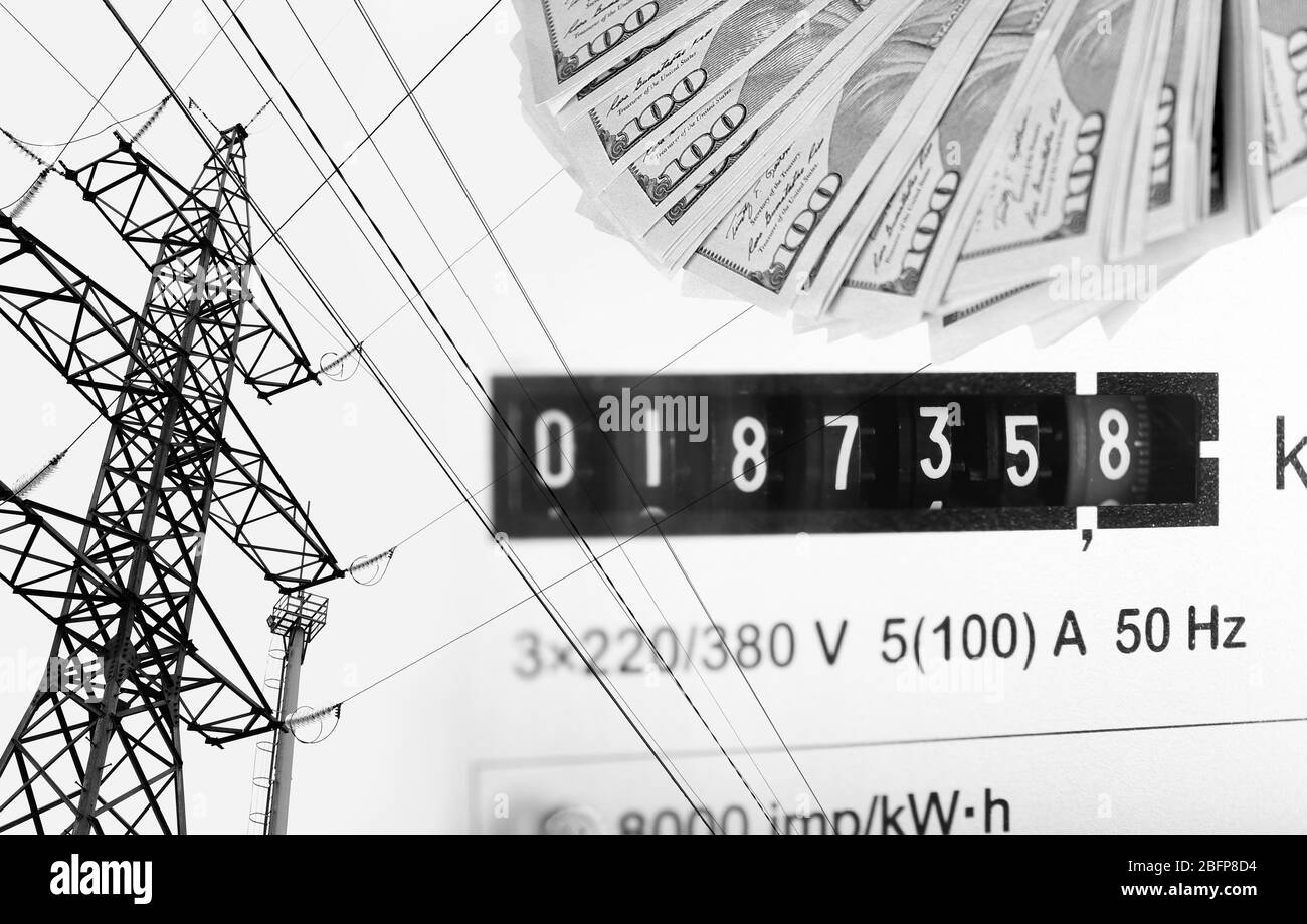 High voltage tower lines, electric meter display and american dollars