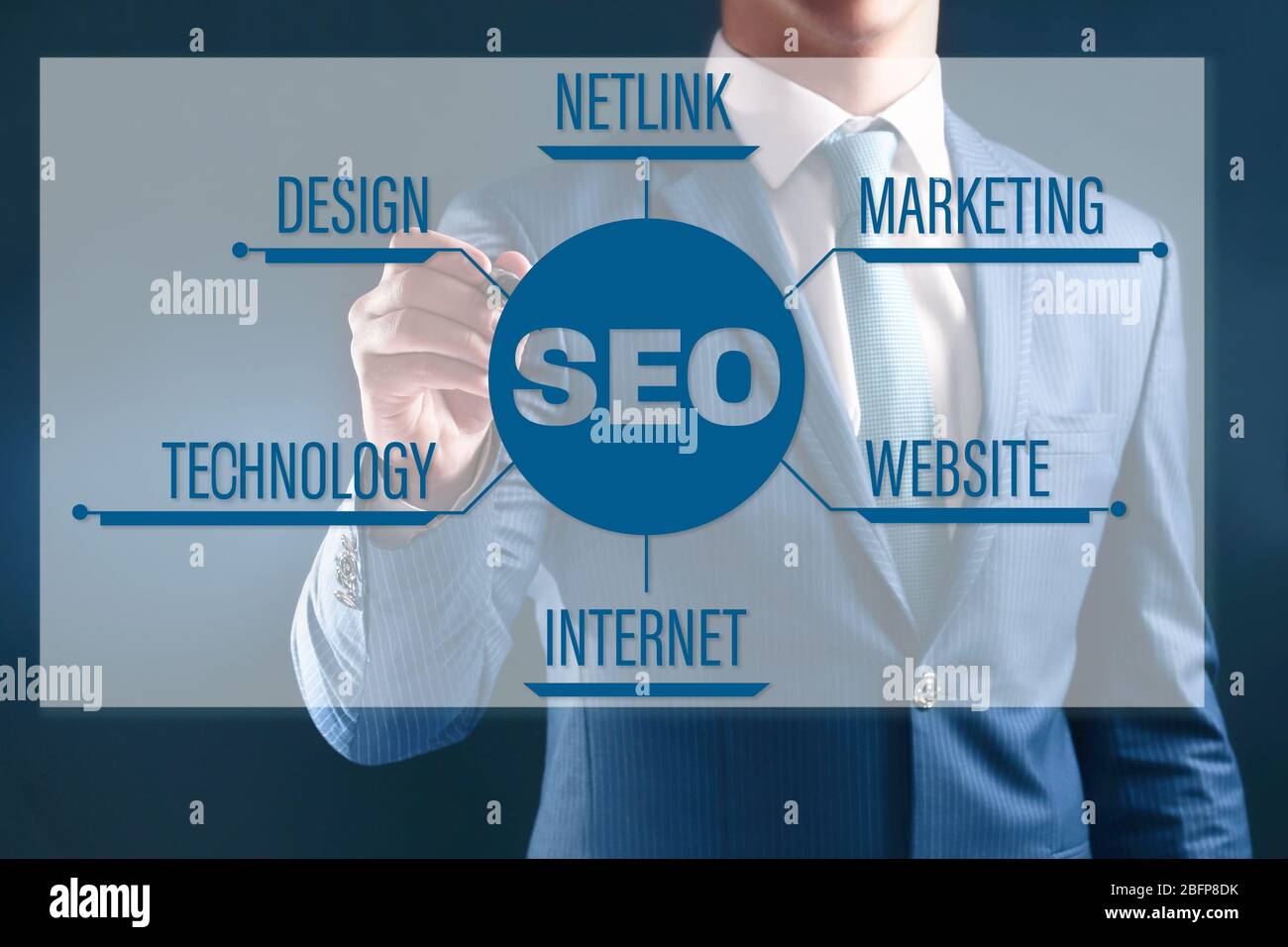 Businessman working with virtual touchscreen. SEO technology concept. Stock Photo