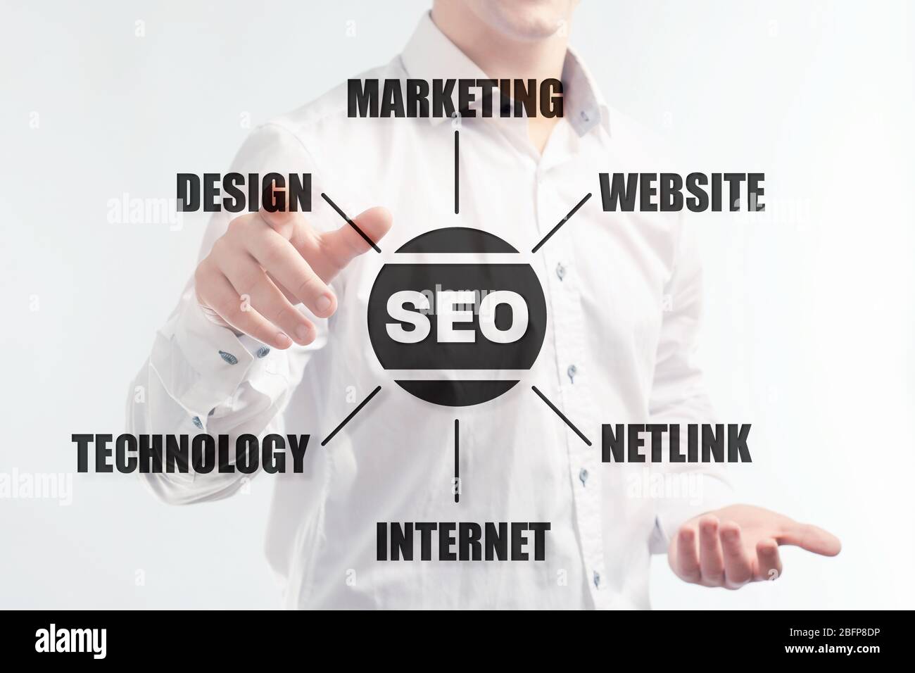 Businessman working with virtual touchscreen. SEO technology concept. Stock Photo