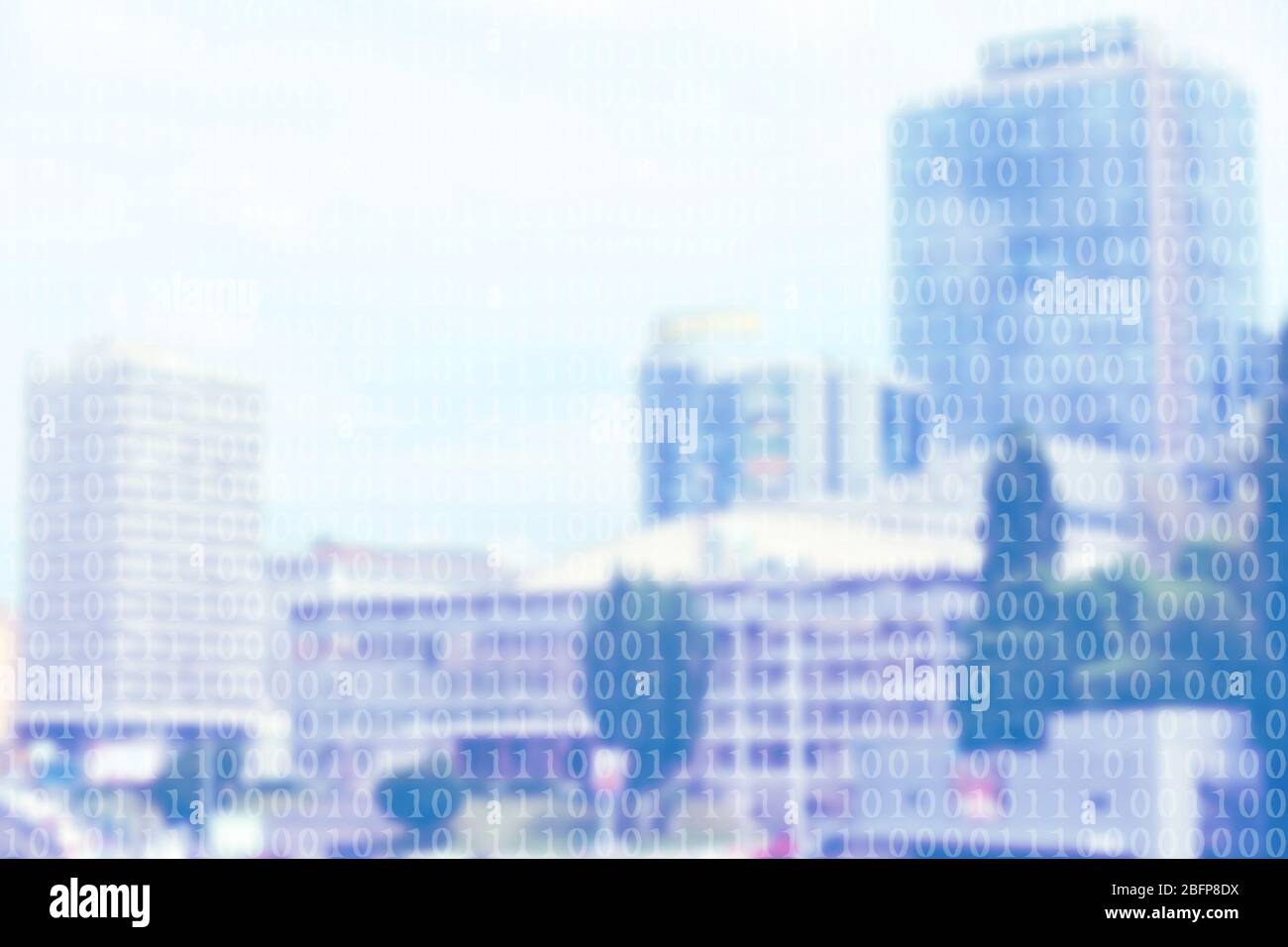 Binary code on blurred cityscape background Stock Photo - Alamy