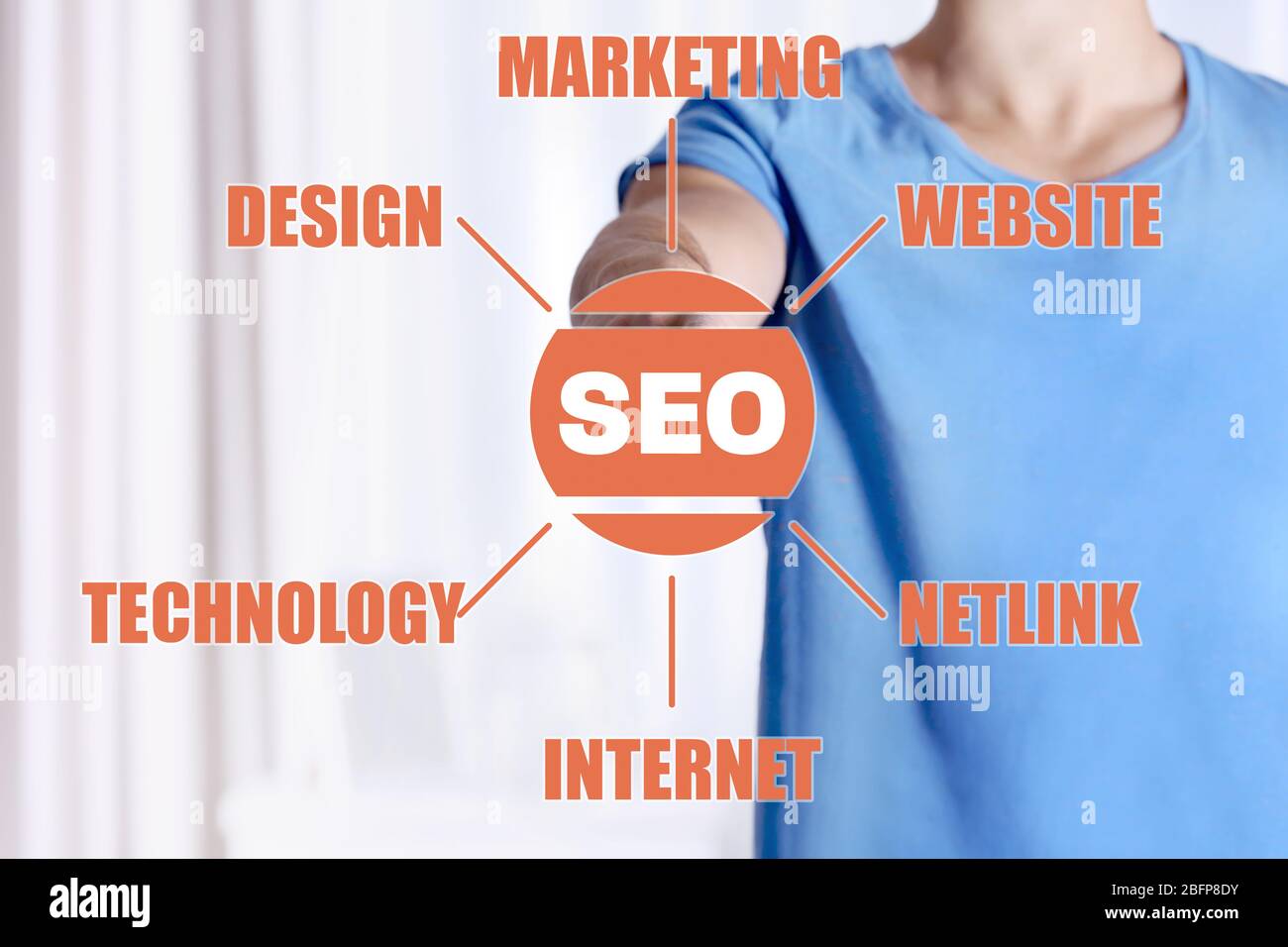 Man working with virtual touchscreen. SEO technology concept. Stock Photo