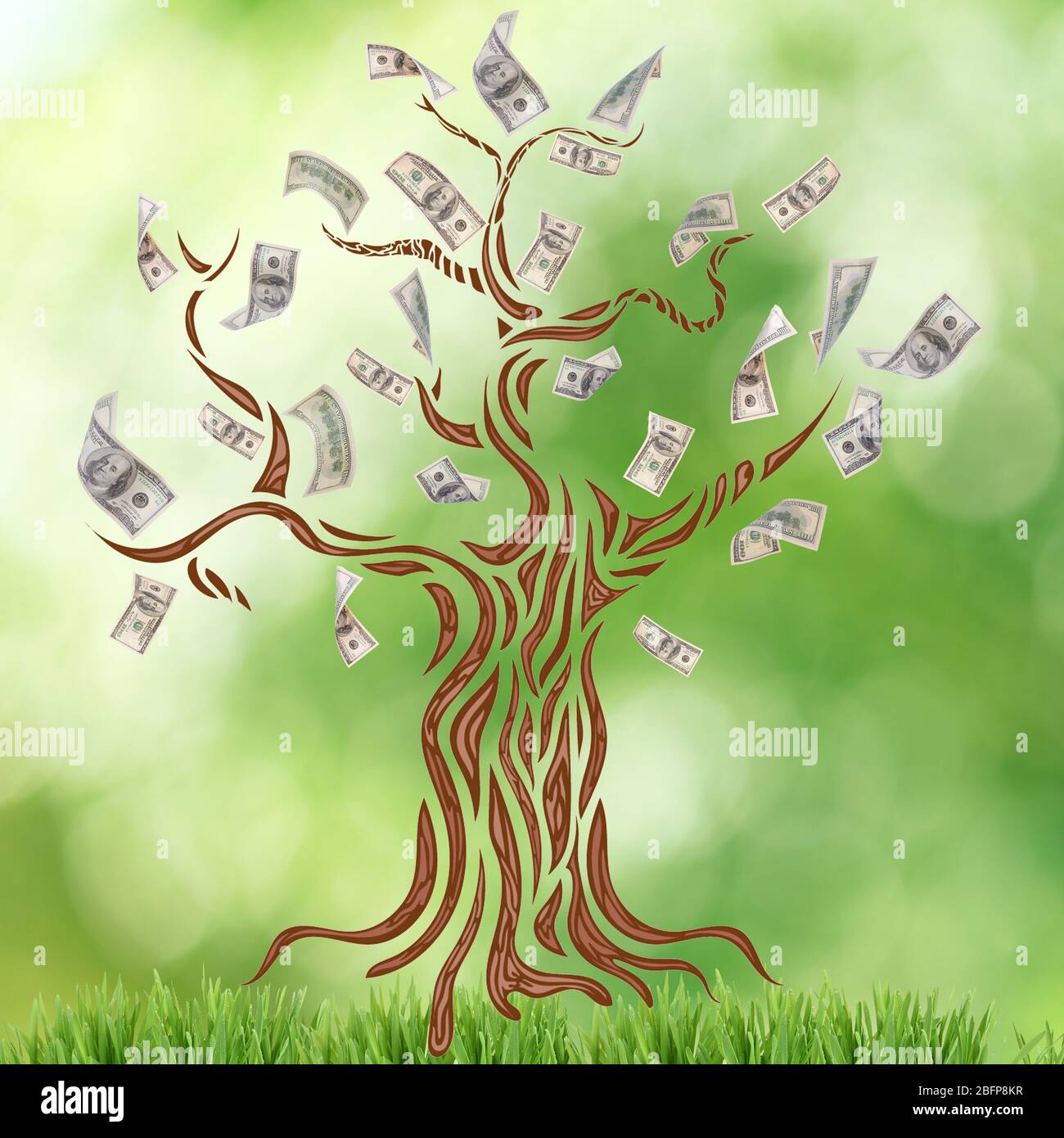 Money tree with grass on blurred green background Stock Photo - Alamy