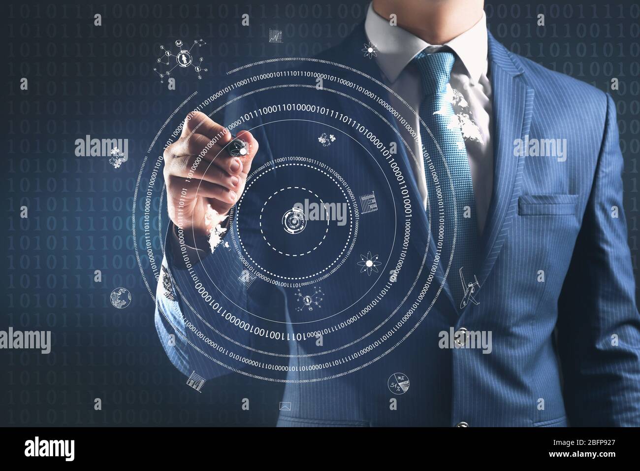 Businessman working with virtual screen. Technology concept. Stock Photo
