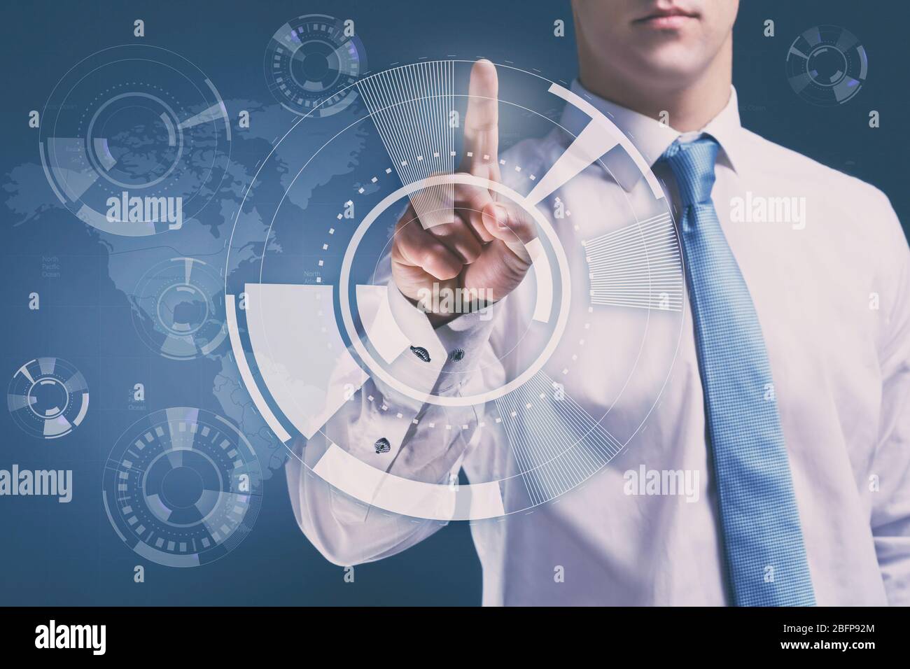 Businessman working with virtual screen. Technology concept. Stock Photo