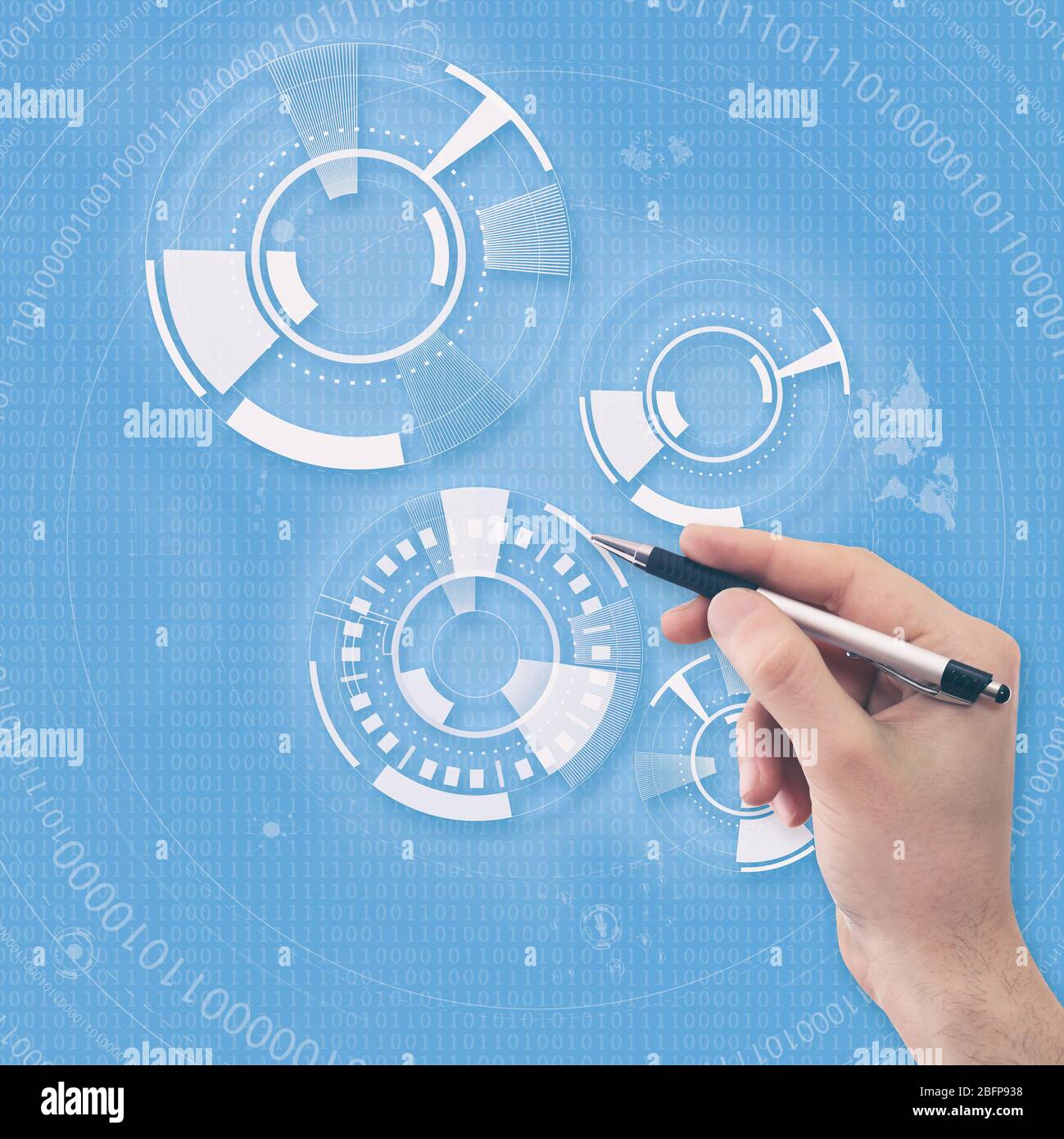 Male hand working with virtual screen. Technology concept. Stock Photo