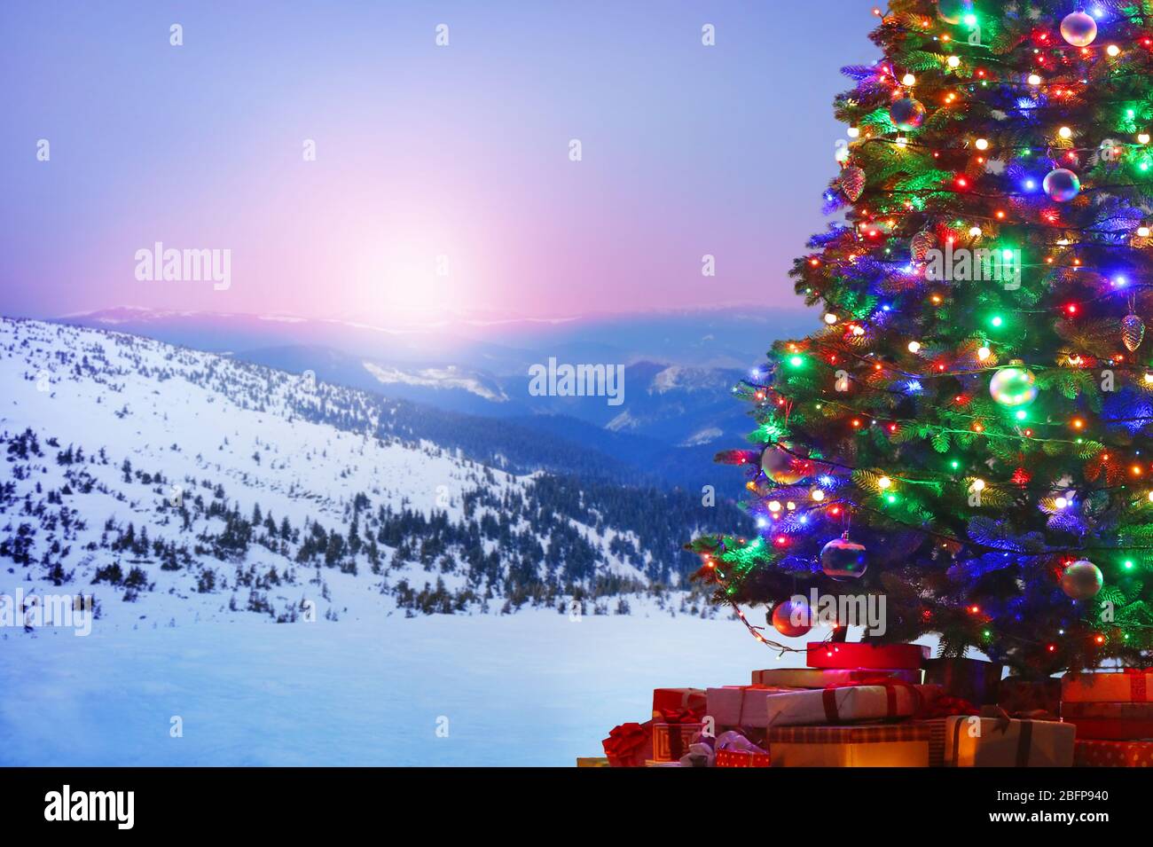 Decorated Christmas with gifts on nature background. Christmas concept Stock -