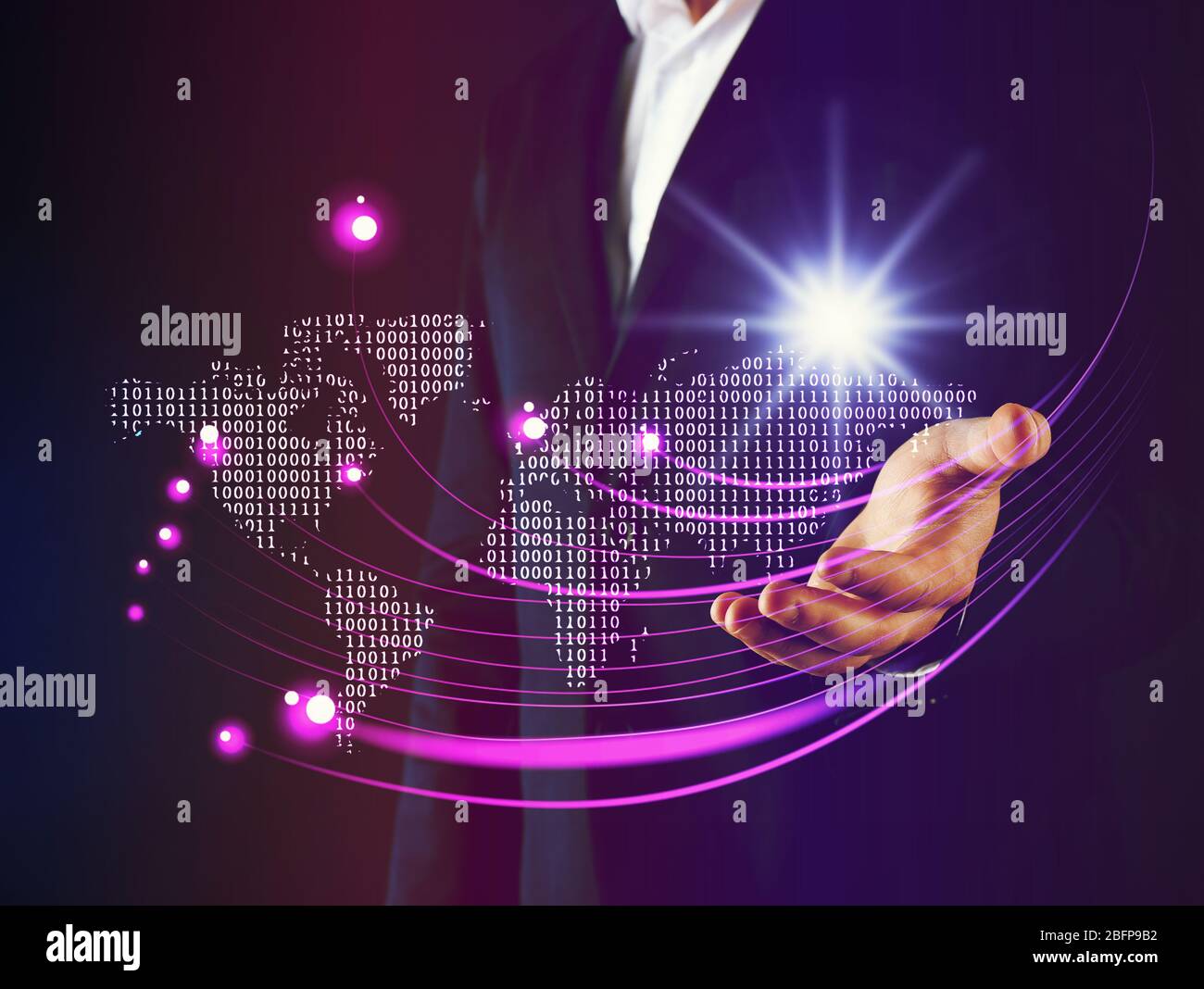 Businessman working with virtual touchscreen. World map and binary code on digital display. Technology concept. Stock Photo