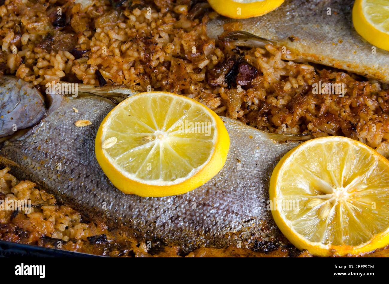 Roasted trout fish on rice and lemon slices on top, Sofia, Bulgaria Stock Photo