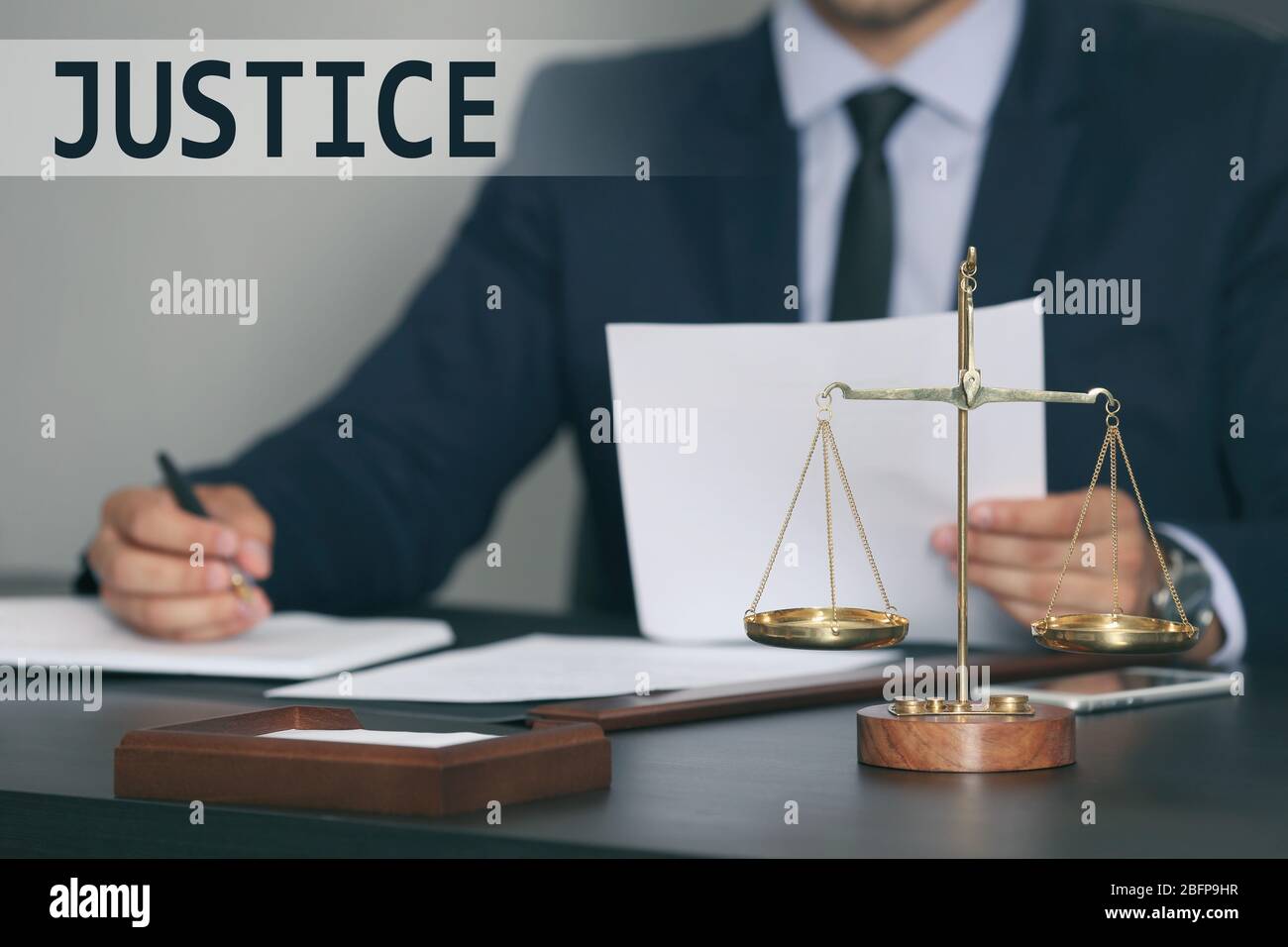 Scales justice on table hi-res stock photography and images - Alamy
